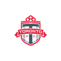 Toronto FC club logo featuring a red and gray shield with a star above the letter 'T' and a ribbon banner with "TORONTO" and "FC" written on it.