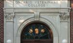 Close-up of the Ontario Veterinary College building entrance, featuring ornate architectural details and the college name carved above the doorway.