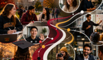 Collage of university students and recent alumni connected through virtual and in-person conversations, illustrating diverse pathways from graduation to career success.