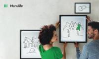 A smiling couple hanging framed minimalist line drawings of a house, family, and wedding rings on a wall, with a Manulife logo in the upper left corner.
