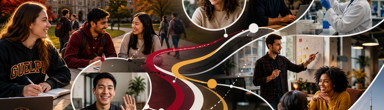 Collage of university students and recent alumni connected through virtual and in-person conversations, illustrating diverse pathways from graduation to career success.