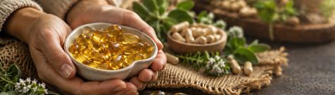 Hands gently holding a ceramic bowl filled with golden softgel capsules, surrounded by herbs and supplements on a rustic tabletop.