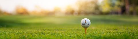 University of Guelph branded golf ball on a tee set against a blurred green background, promoting a university golf event.