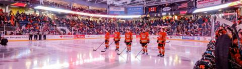 University of Guelph hockey players standing on the ice during the Frosty Mug event, with a packed arena of cheering fans in the background.