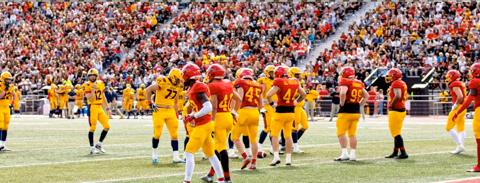 The Guelph Gryphons in a packed stadium at a past homecoming game.