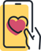An icon of a hand interacting with a smartphone screen, displaying a heart symbol, representing a 'like' or a show of support on a mobile device.