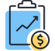 An icon of a blue clipboard with an upward-trending graph, accompanied by a yellow circle with a dollar sign, symbolizing financial growth, analysis, or reporting.