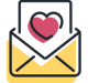 An icon of an open yellow envelope with a card featuring a pink heart, symbolizing sending or receiving a heartfelt message or greeting.