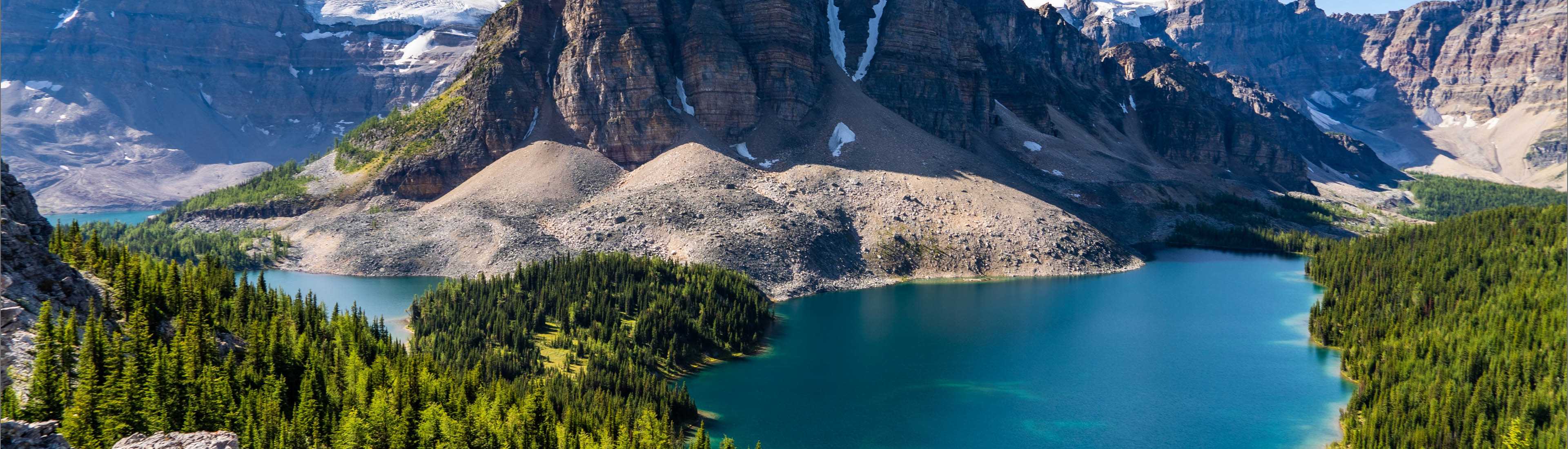 Nature scene with trees and lake in foreground and snowy mountains in background