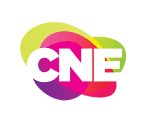 Colorful CNE logo featuring bold white letters over overlapping vibrant shapes in pink, yellow, green, and purple, representing the Canadian National Exhibition.