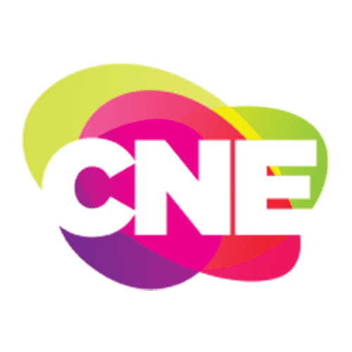 Colorful CNE logo featuring bold white letters over overlapping vibrant shapes in pink, yellow, green, and purple, representing the Canadian National Exhibition.