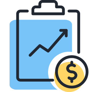 An icon of a blue clipboard with an upward-trending graph, accompanied by a yellow circle with a dollar sign, symbolizing financial growth, analysis, or reporting.