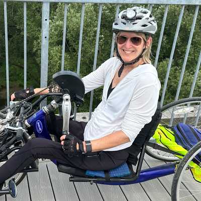 Cyndy Mclean with her racing wheelchair